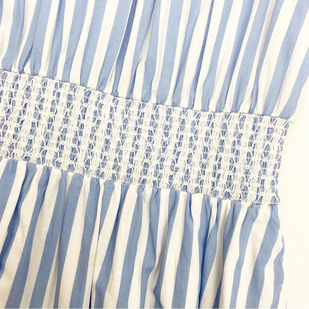 J. Crew Smocked Puff Sleeve Cotton Poplin Dress: Blue White Stripe Nautical - Picture 7 of 14